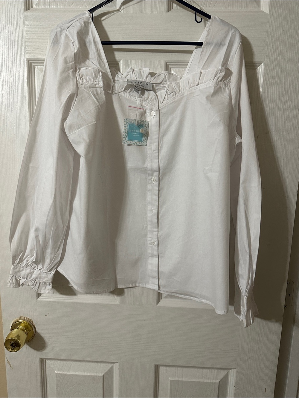 Hayden White Ruffle-Trim Off-Shoulder Button Down Top